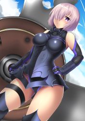 Rule 34 | 1girl, armor, armored dress, bare shoulders, blush, breasts, fate/grand order, fate (series), hair over one eye, highres, hitotsuki nebura, looking at viewer, mash kyrielight, purple eyes, purple hair, shield, short hair, solo