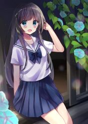Rule 34 | 1girl, :d, arm up, bad id, bad pixiv id, blue bow, blue bowtie, blue eyes, blue flower, blue skirt, blurry, blurry foreground, blush, bow, bowtie, brown hair, collarbone, commentary request, day, depth of field, flower, highres, long hair, looking at viewer, minami saki, morning glory, open mouth, original, outdoors, pleated skirt, sailor collar, school uniform, serafuku, shirt, short sleeves, sitting, skirt, smile, solo, very long hair, white sailor collar, white shirt