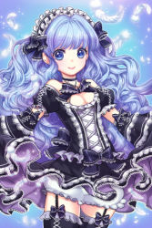 Rule 34 | 1girl, bare shoulders, bittersweet (dalcoms), blue eyes, blue hair, blush, bow, breasts, choker, clarice, clarice altheim, cleavage, detached sleeves, feathers, frills, garter belt, garter straps, gothic lolita, hairband, lace, lolita fashion, long hair, looking at viewer, lowres, maid headdress, matching hair/eyes, ribbon, skirt, smile, solo, sword girls, thighhighs, wavy hair