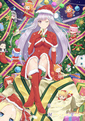 Rule 34 | 10s, 6+girls, artist name, beatrice (re:zero), boots, bow, box, breasts, bug, butterfly, butterfly-shaped pupils, candy cane earrings, capelet, character request, chibi, chibi inset, chinese text, christmas, christmas ornaments, christmas stocking, christmas tree, cleavage, crossed legs, earrings, elbow gloves, emilia (re:zero), felt (re:zero), fur-trimmed boots, fur trim, gift, gift box, gloves, hair bow, hair ornament, hat, highres, insect, jewelry, knee boots, letter, long hair, looking at viewer, mismatched earrings, multiple girls, natsuki subaru, neps-l, one eye closed, puck (re:zero), purple eyes, ram (re:zero), re:zero kara hajimeru isekai seikatsu, red footwear, red gloves, rem (re:zero), santa costume, santa hat, siblings, silver hair, sisters, smile, snowman, solo focus, symbol-shaped pupils, theresia van astrea, title