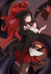 Rule 34 | 1girl, azur lane, black hair, black jacket, book, hand on own chest, hat, highres, jacket, looking at viewer, nail, nail polish, pantyhose, pirate costume, pirate hat, qing wu, red eyes, red nails, red skirt, royal fortune (azur lane), skirt, solo, sword, tentacles, torn clothes, torn pantyhose, weapon