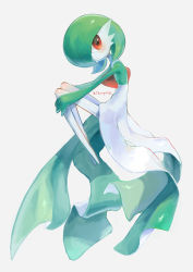 Rule 34 | 1girl, blush, closed mouth, commentary request, creatures (company), female focus, from side, full body, game freak, gardevoir, gen 3 pokemon, highres, hugging own legs, kikuyoshi (tracco), looking back, nintendo, pokemon, pokemon (creature), red eyes, signature, simple background, solo, white background