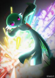 Rule 34 | 1girl, arms up, artist name, backlighting, blood, blood halo, bob cut, chromatic aberration, closed mouth, colored skin, creatures (company), dark, dutch angle, explosion, expressionless, female focus, flat chest, full body, game freak, gardevoir, gen 3 pokemon, green hair, green skin, hair between eyes, halo, liquid halo, looking at viewer, melting halo, multicolored skin, nintendo, outstretched arms, pokemon, pokemon (creature), rainbow gradient, red eyes, reflective floor, short hair, solo, standing, twitter username, two-tone skin, uoxvt, watermark, white skin