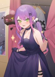 Rule 34 | 1girl, bare shoulders, bibi (tokoyami towa), black gloves, blush, breasts, choker, cleavage, clothes hanger, dress, ear piercing, gloves, green eyes, hair ornament, hairclip, highres, hololive, jmao, long hair, looking at viewer, medium breasts, open mouth, piercing, pointy ears, purple dress, purple hair, sleeveless, sleeveless dress, solo, tokoyami towa, twintails, virtual youtuber
