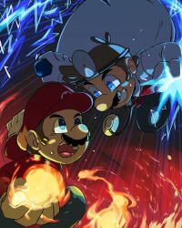Rule 34 | 2boys, absurdres, blue eyes, blue overalls, coat, doctor, dr. mario, electricity, facial hair, fighting, fire, gloves, hat, highres, holding, mario, mario (series), multiple boys, mustache, nintendo, open mouth, overalls, pill, red headwear, smile, super smash bros., tmrn ml, white coat, white gloves