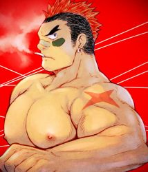 Rule 34 | 1boy, alternate pectoral size, bandaid, bandaid on face, bandaid on nose, bara, black hair, cigarette, earrings, forked eyebrows, frown, jewelry, kill la kill, kinagase tsumugu, large pectorals, looking at viewer, male focus, mohawk, multicolored hair, muscular, muscular male, nipples, nude, pectorals, red hair, short hair, sideburns, solo, thick eyebrows, two-tone hair, yunosuke