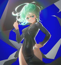 Rule 34 | 1girl, absurdres, black dress, blue background, covered navel, curly hair, dragonashen0201, dress, flipped hair, floating, green eyes, green hair, green nails, hand on own hip, hand up, highres, levitation, looking at viewer, middle finger, nail polish, one-punch man, see-through, see-through dress, short hair, side slit, simple background, solo, tatsumaki