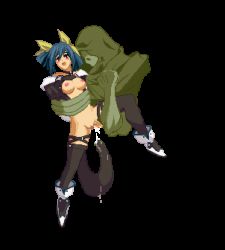 Rule 34 | 1boy, 1girl, animated, animated gif, arc system works, blue hair, blush, blush stickers, bottomless, bouncing breasts, breasts, colored skin, dizzy (guilty gear), faceless, faceless male, green skin, guilty gear, hair ribbon, hetero, large breasts, lowres, m.u.g.e.n, masturbation, monster, necro (guilty gear), object insertion, open clothes, open mouth, open shirt, pixel art, pussy juice, rape, red eyes, restrained, ribbon, shirt, thighhighs, transparent background, uncensored, vaginal, vaginal object insertion
