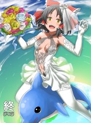 Rule 34 | 1girl, :d, armpit hair, bad id, bad nicoseiga id, bare shoulders, black hair, blush, bouquet, bow, breasts, bridal veil, center opening, collarbone, commentary request, cookie (touhou), dress, elbow gloves, female pubic hair, flower, gloves, hair bow, hair tubes, hakurei reimu, highres, holding, holding bouquet, kairu the dolphin, looking at viewer, marakasu (chinkasu), medium breasts, navel, nhk (broadcaster), open mouth, pantyhose, pubic hair, red bow, riding, rose, sananana (cookie), see-through, short hair, smile, touhou, veil, wedding dress, white dress, white gloves, white pantyhose, yellow eyes