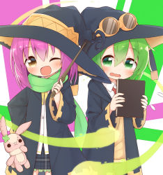 Rule 34 | 2girls, ;d, ayanepuna, black headwear, black robe, black skirt, blush, book, borrowed character, brown eyes, collared shirt, commentary request, dress shirt, flying sweatdrops, frilled skirt, frills, goggles, goggles on headwear, green eyes, green hair, green scarf, hair between eyes, hat, highres, holding, holding book, holding wand, hood, hood down, hooded robe, multiple girls, one eye closed, open clothes, open mouth, open robe, original, pink hair, plaid, plaid skirt, pleated skirt, red neckwear, robe, scarf, shirt, skirt, smile, stuffed animal, stuffed rabbit, stuffed toy, sweater vest, wand, wavy mouth, white shirt, witch hat