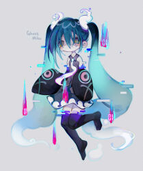 Rule 34 | 1girl, aqua hair, black thighhighs, creatures (company), crying, crying with eyes open, detached sleeves, floating, game freak, ghost, ghost miku (project voltage), glitch, gradient hair, grey shirt, hair between eyes, hatsune miku, highres, long hair, multicolored hair, necktie, nintendo, pale skin, pokemon, project voltage, shirt, simple background, skirt, sleeves past fingers, sleeves past wrists, tears, thighhighs, twintails, uchuunin, very long hair, vocaloid, will-o&#039;-the-wisp (mythology), yellow eyes