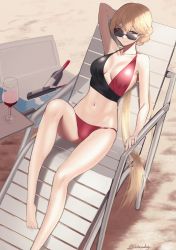 Rule 34 | 1girl, alcohol, beach, beach chair, bikini, blonde hair, bottle, breasts, cup, drinking glass, eyebrows, feet, full body, girls&#039; frontline, highres, jewelry, legs, long hair, looking at viewer, multicolored clothes, no shoes, ots-14 (girls&#039; frontline), ponytail, reclining, ring, saturndxy, small breasts, smile, solo, sunglasses, swimsuit, wedding ring, wine, wine bottle, wine glass, yellow eyes
