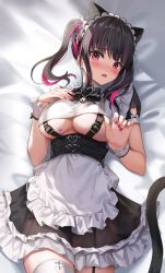 Rule 34 | 1girl, animal ears, apron, belt bra, black bow, black bowtie, black hair, blunt bangs, blush, bow, bowtie, breasts, commentary, earrings, garter straps, highres, indie virtual youtuber, jewelry, large breasts, lying, maid, maid apron, maid headdress, medium breasts, multicolored hair, nail polish, on bed, purple hair, rikotan (vtuber), shuvi (shuvi1125), side ponytail, single garter strap, solo, thighhighs, underboob, virtual youtuber, waist apron, white thighhighs, wrist cuffs