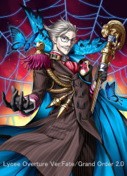 Rule 34 | 1boy, black-framed eyewear, black gloves, blue eyes, bug, butterfly, copyright name, cowboy shot, facial hair, fate/grand order, fate (series), glasses, gloves, highres, holding, insect, james moriarty (archer) (fate), male focus, mustache, pants, silver hair, solo, standing, striped clothes, striped pants, suishougensou