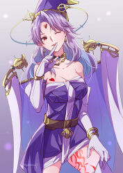 Rule 34 | 1girl, bare shoulders, belt, breasts, cape, celine jules, cleavage, detached cape, earrings, elbow gloves, facial mark, forehead mark, gloves, hat, heart, heart tattoo, highres, jewelry, large breasts, long hair, looking at viewer, one eye closed, pointy hat, purple hair, purple skirt, skirt, smile, solo, star ocean, star ocean the second story, tattoo, yutohiroya