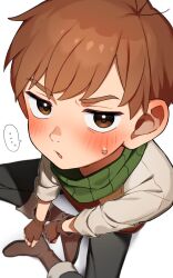 Rule 34 | ..., 1boy, aruminsuko, black pants, blush, boots, brown eyes, brown footwear, brown gloves, brown hair, chilchuck tims, dungeon meshi, fingerless gloves, gloves, grey shirt, highres, looking at viewer, male focus, neck warmer, pants, parted lips, shirt, simple background, sitting, solo, spoken ellipsis, sweat, white background
