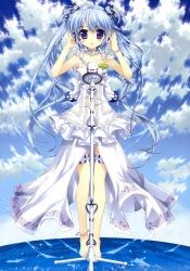 Rule 34 | 1girl, absurdres, anklet, bare shoulders, barefoot, blue eyes, blue hair, blue sky, bracelet, butterfly hair ornament, cloud, day, dress, exit tunes, fujima takuya, hair ornament, headphones, highres, jewelry, matching hair/eyes, microphone, microphone stand, original, sky, smile, solo, thigh strap, twintails, water, white dress