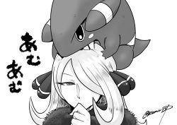 Rule 34 | 1girl, biting, blush stickers, chouku tetsushitsuiwa, clenched hand, covered mouth, covering own mouth, creatures (company), cynthia (pokemon), fingernails, fur collar, game freak, gen 4 pokemon, gible, greyscale, hair ornament, hair over one eye, hand over own mouth, head biting, highres, long fingernails, long hair, looking at viewer, monochrome, narrowed eyes, nintendo, on head, pokemon, pokemon (creature), pokemon dppt, portrait, sharp teeth, signature, simple background, swept bangs, teeth, thinking, translation request, twitter username, white background