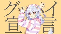 Rule 34 | 1boy, blue hair, bow, commentary request, dog tail, goodbye sengen (vocaloid), hair bow, highres, hood, hood down, hoodie, inuyama tamaki, long sleeves, noripro, official art, ok sign, orange eyes, second-party source, smile, solo, song name, striped clothes, striped hoodie, tail, trap, two side up, v, virtual youtuber, vocaloid, yellow background, yumesaki nana