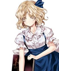 Rule 34 | 1girl, aged down, alice margatroid, alice margatroid (pc-98), blonde hair, book, bow, grimoire, grimoire of alice, hair bow, hair ornament, kozou (soumuden), looking at viewer, puffy sleeves, shirt, short hair, short sleeves, simple background, skirt, solo, sweatdrop, touhou, touhou (pc-98), white background, white shirt, yellow eyes
