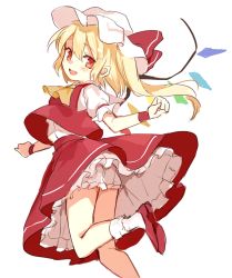 Rule 34 | 1girl, :d, ascot, ass, blonde hair, bloomers, blush, bobby socks, bow, commentary request, crystal, fang, flandre scarlet, flat chest, foot out of frame, hair between eyes, hat, hat bow, looking at viewer, looking back, mob cap, one side up, open mouth, paragasu (parags112), petticoat, puffy short sleeves, puffy sleeves, red bow, red eyes, red footwear, red skirt, red vest, short hair, short sleeves, simple background, skin fang, skirt, smile, socks, solo, standing, standing on one leg, touhou, twisted torso, underwear, upskirt, vest, white background, white hat, white socks, wings, wristband, yellow ascot