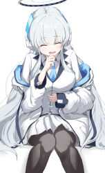 Rule 34 | 1girl, black pantyhose, blue archive, blue necktie, breasts, closed eyes, commentary request, facing viewer, feet out of frame, grey hair, halo, hand up, highres, jacket, knees together feet apart, large breasts, long hair, long sleeves, mechanical halo, morishin546, necktie, noa (blue archive), off shoulder, open mouth, pantyhose, pleated skirt, shirt, simple background, sitting, skirt, smile, solo, tears, vest, white background, white jacket, white shirt, white skirt, white vest