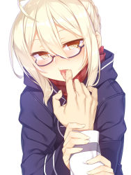 Rule 34 | 1girl, ahoge, artoria pendragon (all), artoria pendragon (fate), black-framed eyewear, blonde hair, blush, braid, fate/grand order, fate (series), finger in another&#039;s mouth, finger to mouth, glasses, jacket, licking, licking finger, long hair, looking at viewer, mysterious heroine x (fate), mysterious heroine x alter (fate), mysterious heroine x alter (first ascension) (fate), naughty face, plaid, plaid scarf, pov, racer (magnet), red scarf, saber (fate), saliva, scarf, school uniform, semi-rimless eyewear, solo focus, tongue, tongue out, under-rim eyewear, yellow eyes