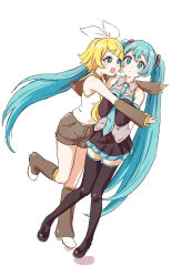 Rule 34 | 2girls, :d, blonde hair, blue eyes, blue hair, blush, boots, bow, collared shirt, detached sleeves, full body, hair bow, hair ornament, hairclip, hatsune miku, highres, hug, kagamine rin, leg warmers, long hair, long sleeves, multiple girls, necktie, open mouth, parted bangs, sailor collar, shirt, short hair, shorts, sleeveless, sleeveless shirt, sleeves past wrists, smile, standing, standing on one leg, thigh boots, twintails, very long hair, vocaloid, yakkl
