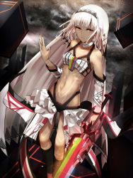 Rule 34 | 10s, 1girl, altera (fate), bandeau, bare shoulders, black nails, breasts, choker, closed mouth, cloud, collarbone, dark-skinned female, dark clouds, dark skin, detached sleeves, expressionless, fate/extella, fate/extra, fate/grand order, fate (series), frills, highres, holding, holding sword, holding weapon, light particles, looking at viewer, midriff, nail polish, navel, photon ray (fate), red eyes, shigure s, short hair, small breasts, solo, standing, sword, tattoo, veil, weapon, white hair