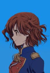 Rule 34 | 1girl, aijou karen, arm at side, blue background, blue jacket, brown eyes, brown hair, closed mouth, epaulettes, floating hair, from side, highres, jacket, light blush, light smile, looking ahead, multicolored clothes, multicolored jacket, nori (cheiwbciwkxbdjr), one side up, profile, red jacket, short hair, shoujo kageki revue starlight, simple background, solo, tassel, torn clothes, torn jacket, upper body