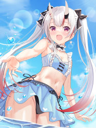 Rule 34 | 1girl, :d, bare arms, bare shoulders, bikini, bikini skirt, black bow, blue bikini, blue sky, blush, bow, breasts, cleavage, cloud, collarbone, commentary request, day, fang, frilled bow, frills, gradient hair, hair bow, highres, hololive, horns, kooh ku, long hair, looking at viewer, multicolored hair, nakiri ayame, nakiri ayame (hololive summer 2019), oni, open mouth, outdoors, red eyes, red hair, skin-covered horns, sky, small breasts, smile, solo, streaked hair, swimsuit, twintails, very long hair, virtual youtuber, water, wet, white hair