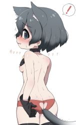 Rule 34 | 1girl, adjusting, anal, anal object insertion, animal ears, ass, bell, black hair, blush, breasts, butt plug, cat ears, cat tail, collar, cutout, gloves, kaban (kemono friends), kemono friends, looking back, nipples, object insertion, open mouth, ransusan, short hair, small breasts, surprised, sweat, tail, thighhighs, topless