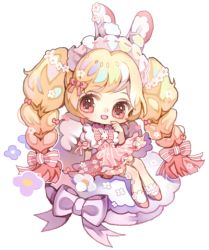 Rule 34 | animal ears, blonde hair, bow, braid, chibi, clean-lady, commission, full body, gradient hair, hair ornament, long hair, lowres, maid headdress, multicolored hair, open mouth, original, pink eyes, pink hair, smile, twin braids, twintails