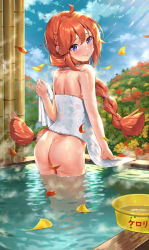 Rule 34 | 1girl, ass, bath, bathing, blush, braid, breasts, from behind, hair over shoulder, highres, long hair, looking at viewer, looking back, medium breasts, mikumo (lpmkookm), nude, orange hair, outdoors, partially submerged, princess connect!, purple eyes, shiny skin, solo, standing, steam, towel, twin braids, water, wet, wet hair, yuni (princess connect!)