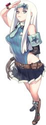 Rule 34 | 1girl, armband, belt pouch, black skirt, blue eyes, blue headband, blue necktie, brown footwear, cross-laced footwear, destiny child, english text, frown, full body, groin, headband, highres, leotard, lisa (destiny child), long hair, necktie, official art, pouch, ribbed leotard, salute, skirt, solo, standing, transparent background, whip, white hair