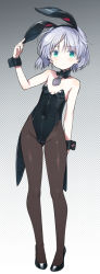 Rule 34 | 1girl, animal ears, aqua eyes, bare shoulders, black footwear, black leotard, blush, breasts, detached collar, dotted background, fake animal ears, full body, gradient background, grey hair, high heels, highleg, highleg leotard, highres, leotard, looking at viewer, necktie, paid reward available, pantyhose, playboy bunny, rabbit ears, sanya v. litvyak, shimada fumikane, short hair, small breasts, solo, strapless, strapless leotard, strike witches, world witches series, wrist cuffs