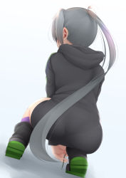 Rule 34 | 1girl, amagiri (kancolle), ass, bad id, bad pixiv id, black footwear, black jacket, black shorts, from behind, glasses, grey hair, hood, hood down, jacket, kantai collection, long hair, ne an ito, official alternate costume, ponytail, purple socks, shadow, shoelaces, shoes, shorts, simple background, sneakers, socks, solo, squatting, tying shoes, very long hair