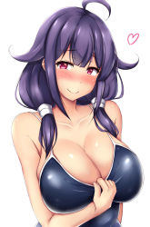 Rule 34 | 1girl, ahoge, bad id, bad pixiv id, blue one-piece swimsuit, blunt bangs, blush, breasts, cleavage, collarbone, competition school swimsuit, hair flaps, heart, heart-shaped pupils, highres, kantai collection, large breasts, long hair, looking at viewer, low twintails, one-piece swimsuit, pulled by self, purple hair, purple one-piece swimsuit, red eyes, school swimsuit, simple background, smile, solo, spoken heart, swimsuit, swimsuit tug, symbol-shaped pupils, taigei (kancolle), terakoya, twintails, upper body, white background