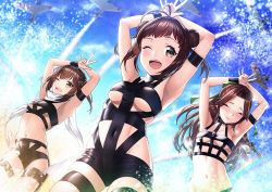 Rule 34 | 3girls, aircraft, airplane, alternate costume, antenna hair, armpits, blue sky, blush, breasts, brown eyes, brown hair, closed eyes, closed mouth, collarbone, commentary request, covered navel, dancing, double bun, embarrassed, groin, hair between eyes, hair bun, hair intakes, hair ornament, headband, hot limit, jintsuu (kancolle), kantai collection, long hair, medium breasts, multiple girls, naka (kancolle), navel, no bra, one eye closed, open mouth, sendai (kancolle), sky, small breasts, t.m.revolution, underboob, unowen