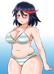 Rule 34 | 10s, 1girl, angry, annoyed, bad id, bad pixiv id, belly, black hair, blue eyes, blush, bra, breasts, collarbone, female focus, frown, kill la kill, large breasts, looking at viewer, matoi ryuuko, multicolored hair, navel, nega96396, panties, plump, red hair, solo, streaked hair, striped bra, striped clothes, striped panties, thick thighs, thighs, underwear, underwear only, wide hips