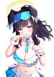 Rule 34 | 1girl, absurdres, animal ears, black hair, blue archive, blue eyes, blush, breasts, character name, cleavage, detached collar, dog ears, dog girl, gloves, halo, hibiki (blue archive), hibiki (cheer squad) (blue archive), highres, large breasts, long hair, looking at viewer, millennium cheerleader outfit (blue archive), official alternate costume, open mouth, partially fingerless gloves, skirt, solo, uro30, white skirt, yellow halo