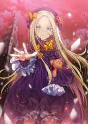 Rule 34 | 1girl, abigail williams (fate), beret, blonde hair, blood, blood on face, blue eyes, blurry, bow, bug, building, butterfly, cloud, cowboy shot, dangmill, depth of field, dress, fate/grand order, fate (series), frilled dress, frilled sleeves, frills, glass shards, hair bow, hat, holding, holding stuffed toy, insect, lolita fashion, long hair, long sleeves, looking at viewer, multiple hair bows, outdoors, outstretched arm, polka dot, polka dot bow, red sky, sky, sleeves past wrists, solo, stuffed animal, stuffed toy, teddy bear, too many bows, very long hair