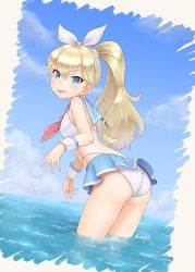 Rule 34 | 1girl, artist request, ass, bare shoulders, blonde hair, blue eyes, blush, breasts, from behind, hair ribbon, hairband, highres, king&#039;s raid, leaning, leaning forward, long hair, looking at viewer, miniskirt, panties, parted lips, ponytail, ribbon, shiny skin, sideboob, skirt, small breasts, smile, solo, swimsuit, underwear, viska (king&#039;s raid)