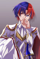 Rule 34 | 1boy, alear (fire emblem), alear (male) (fire emblem), blue eyes, blue hair, cape, fire emblem, fire emblem engage, hair between eyes, hand on own face, heterochromia, highres, jewelry, long sleeves, male focus, multicolored hair, nintendo, red eyes, red hair, ring, short hair, solo, two-tone hair, yutohiroya
