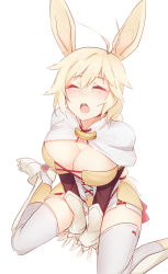 Rule 34 | 10s, 1girl, animal ears, antenna hair, blonde hair, blush, breasts, cleavage, closed eyes, female focus, highres, large breasts, nachetanya loei piena augustra, open mouth, rabbit ears, ricegnat, rokka no yuusha, simple background, sitting, solo, thighhighs, wariza, white background