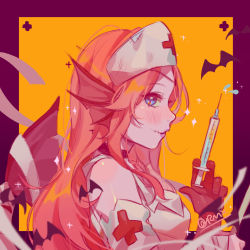Rule 34 | 1girl, alternate costume, bare shoulders, bat (animal), blonde hair, blue eyes, blush, border, commentary request, fins, fish tail, from side, gloves, halloween, hat, highres, holding, holding syringe, league of legends, long hair, nami (league of legends), nurse cap, orange background, pink border, profile, red gloves, ruan chen yue, smile, solo, sparkle, syringe, tail, upper body