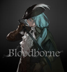 Rule 34 | 1girl, absurdres, ascot, bang dream!, black background, black hat, black ribbon, black shirt, bloodborne, brooch, brown coat, brown gloves, chinese commentary, closed mouth, coat, coat on shoulders, commentary request, copyright name, cosplay, gloves, green eyes, hair ribbon, hat, hat feather, highres, hikawa sayo, holding, holding sword, holding weapon, jewelry, lady maria of the astral clocktower, lady maria of the astral clocktower (cosplay), long hair, long sleeves, looking at viewer, ribbon, shirt, sidelocks, solo, sword, upper body, walluka, weapon, white ascot