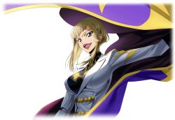 Rule 34 | 1girl, arm up, artist request, asymmetrical hair, black shirt, blonde hair, braid, breasts, cape, code geass, code geass: lost stories, cropped torso, female focus, forked eyebrows, game cg, grey eyes, hair tubes, happy, highres, jacket, large breasts, lipstick, long sleeves, looking at viewer, makeup, military uniform, non-web source, nonette enneagram, official art, open mouth, outstretched arm, purple cape, red lips, shirt, short hair, sidelocks, simple background, single braid, smile, solo, standing, teeth, tongue, transparent background, two-sided cape, two-sided fabric, uniform, upper body, white jacket