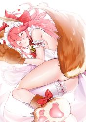Rule 34 | 1girl, :3, absurdres, animal ear fluff, animal ears, animal hands, apron, ass, bell, cat hair ornament, cat paws, closed eyes, collar, fate/grand order, fate (series), felnemo, fox ears, fox tail, gloves, hair ornament, highres, jingle bell, long hair, looking at viewer, lying, maid headdress, naked apron, neck bell, on bed, on side, paw gloves, paw shoes, pink hair, shoes, single thighhigh, tail, tamamo (fate), tamamo cat (fate), tamamo cat (third ascension) (fate), thighhighs