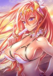 Rule 34 | 1girl, alexiel (summer) (granblue fantasy), areola slip, armpits, beach, bikini, blue eyes, blush, breasts, cloud, cloudy sky, detached collar, dutch angle, evening, feather hair ornament, feathers, food, from side, godsworn alexiel, gradient sky, granblue fantasy, groin, hair between eyes, hair ornament, halterneck, hand on own hip, large breasts, layered bikini, long hair, mimonel, navel, o-ring, o-ring bikini, orange sky, outdoors, popsicle, puffy nipples, red hair, sideboob, sky, stomach, sun, sunlight, sunset, swimsuit, upper body, very long hair, water, waves